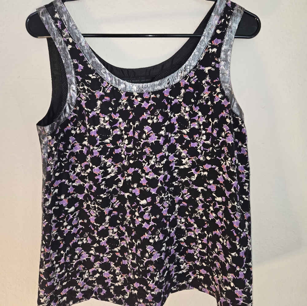 Marc Jacobs Exeter Print Top Floral Metallic Trim Silk and Mesh $168 – XS